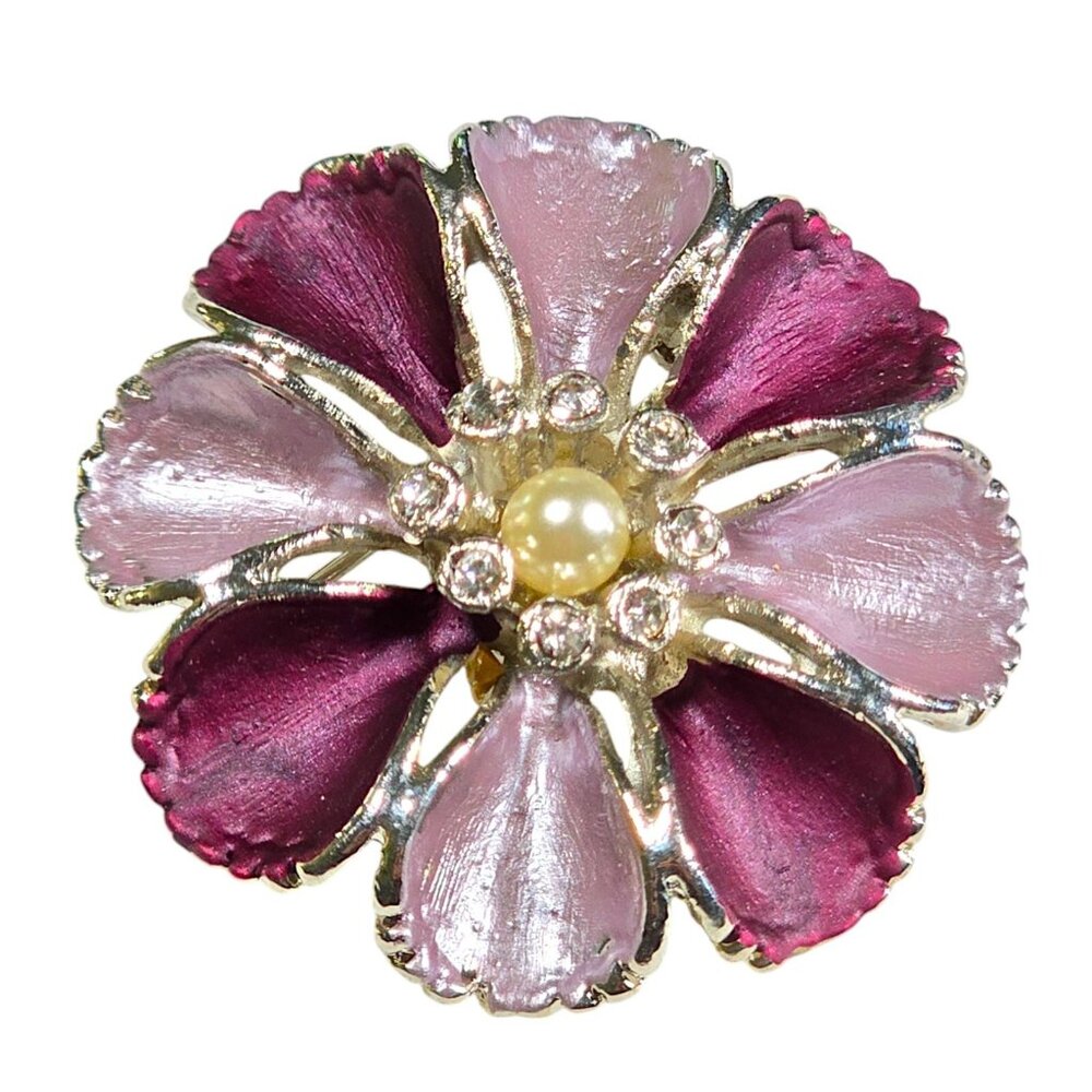 Purple Enamel Flower Brooch Pearl Center Rhinestone Pin Cottagecore Garden VTG